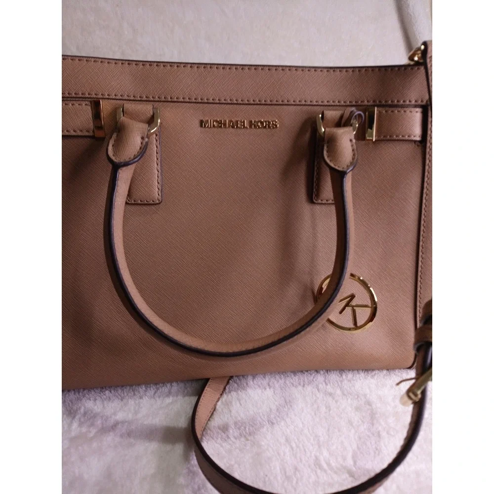 Michael Kors Dillon Saffiano Leather Satchel Crossbody Bag Tan Gold Hardware